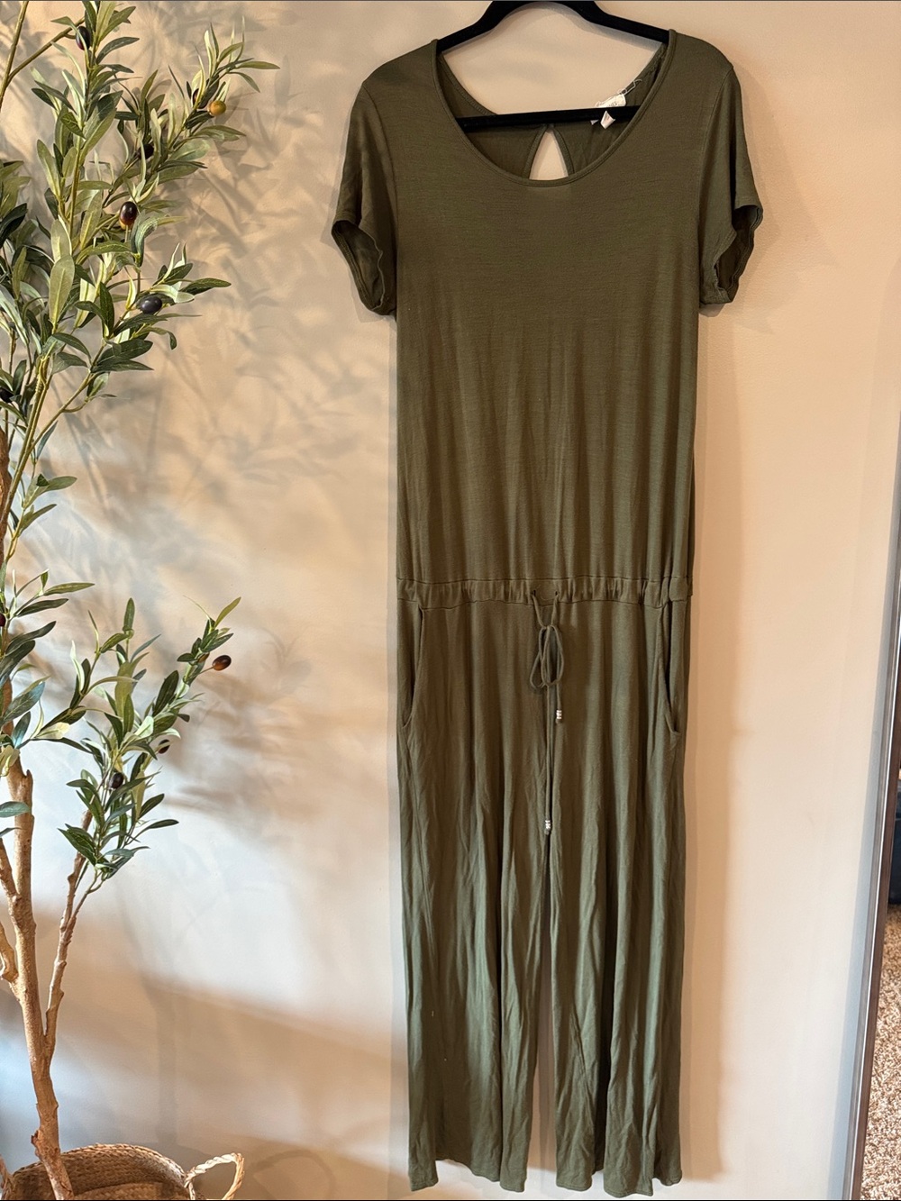 Relaxed Olive Green Drawstring Waist Maxi Dress